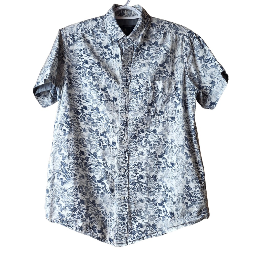 Rugby University Mens Small Blue White Tropical Botanical Print Button Up Shirt